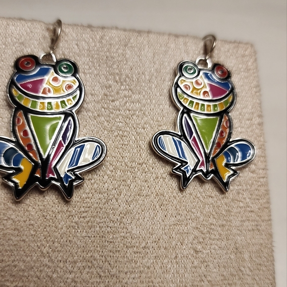 Vintage 90s Colorful Frog Earrings Enamel Dangle Pierced Art Pop Y2K Whimsical - Picture 4 of 6